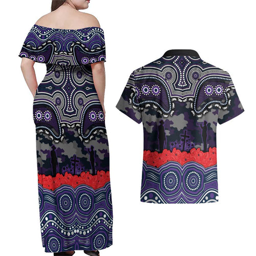 ANZAC Day Melbourne Storm Couples Matching Off Shoulder Maxi Dress and Hawaiian Shirt Military Memorial Aboriginal Indigenous Art