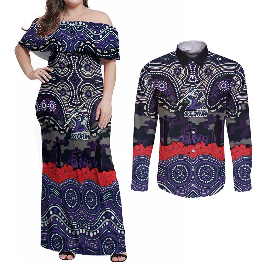 ANZAC Day Melbourne Storm Couples Matching Off Shoulder Maxi Dress and Long Sleeve Button Shirt Military Memorial Aboriginal Indigenous Art