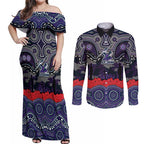 ANZAC Day Melbourne Storm Couples Matching Off Shoulder Maxi Dress and Long Sleeve Button Shirt Military Memorial Aboriginal Indigenous Art