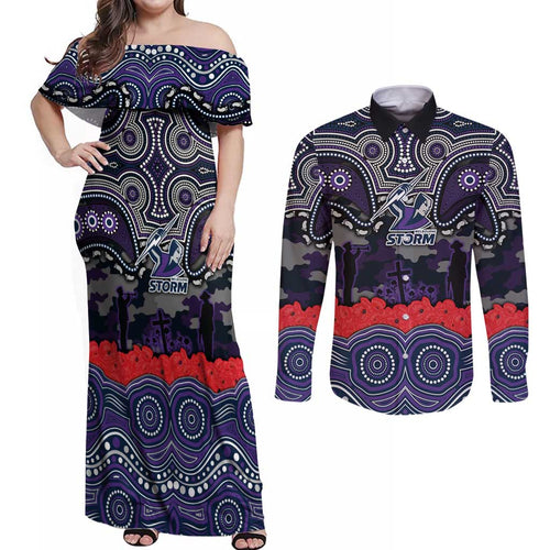ANZAC Day Melbourne Storm Couples Matching Off Shoulder Maxi Dress and Long Sleeve Button Shirt Military Memorial Aboriginal Indigenous Art