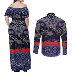 ANZAC Day Melbourne Storm Couples Matching Off Shoulder Maxi Dress and Long Sleeve Button Shirt Military Memorial Aboriginal Indigenous Art