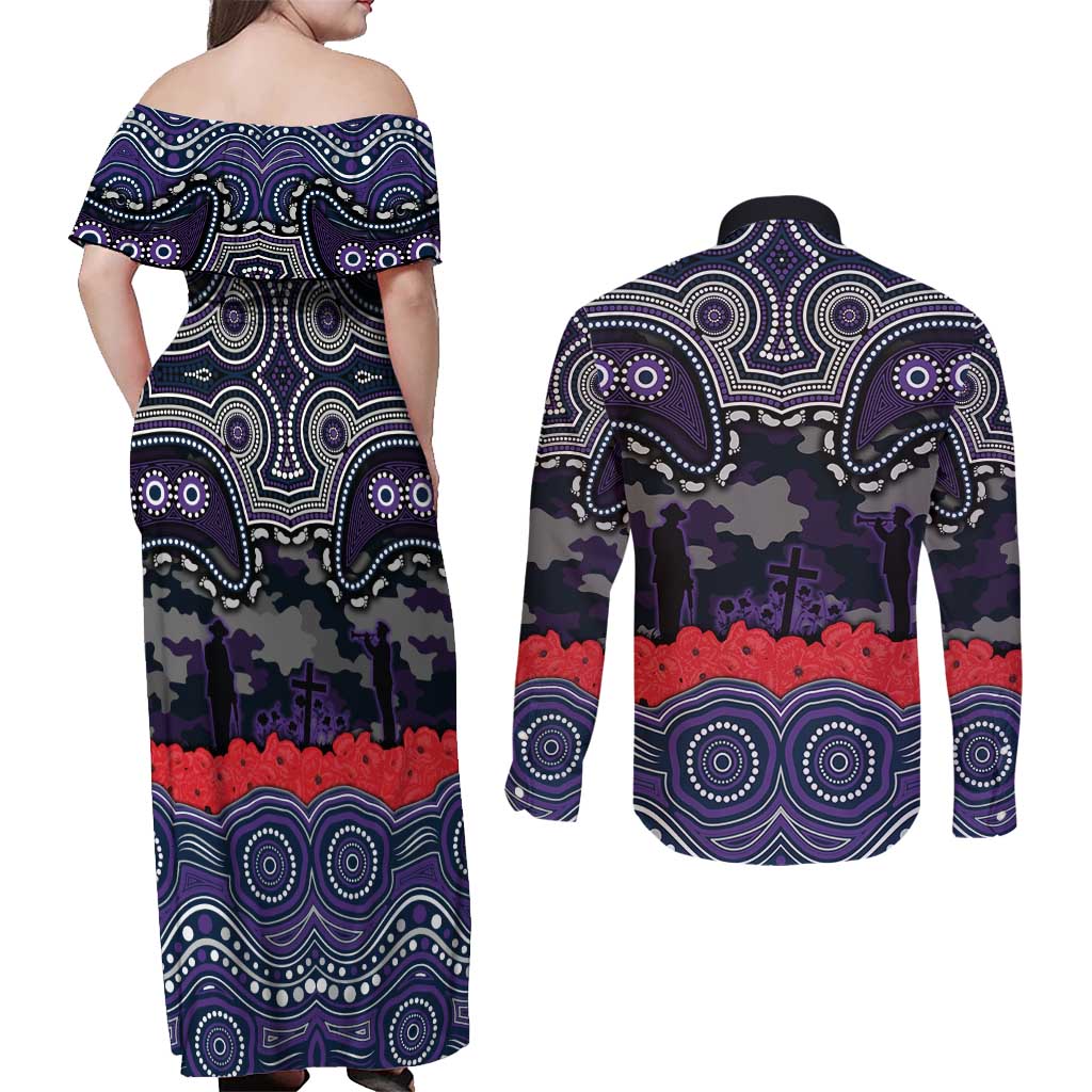 ANZAC Day Melbourne Storm Couples Matching Off Shoulder Maxi Dress and Long Sleeve Button Shirt Military Memorial Aboriginal Indigenous Art