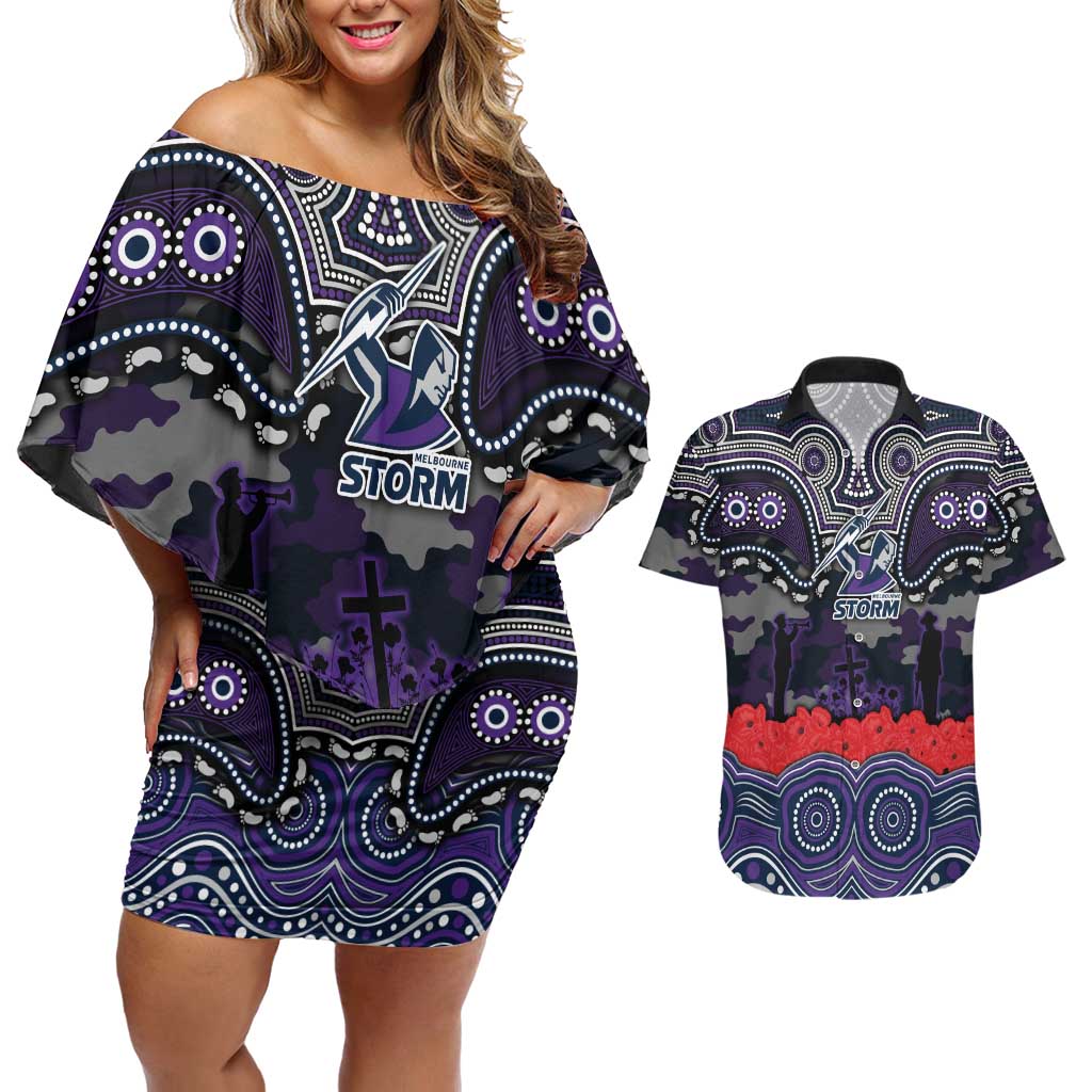 ANZAC Day Melbourne Storm Couples Matching Off Shoulder Short Dress and Hawaiian Shirt Military Memorial Aboriginal Indigenous Art