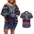ANZAC Day Melbourne Storm Couples Matching Off Shoulder Short Dress and Hawaiian Shirt Military Memorial Aboriginal Indigenous Art
