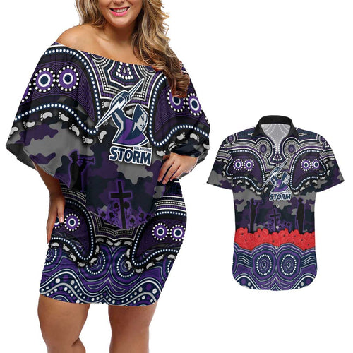 ANZAC Day Melbourne Storm Couples Matching Off Shoulder Short Dress and Hawaiian Shirt Military Memorial Aboriginal Indigenous Art
