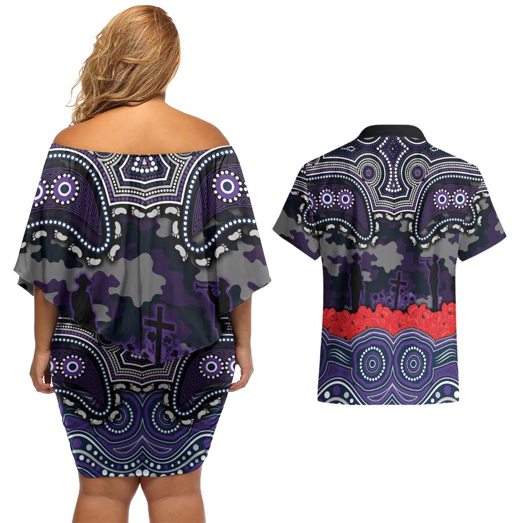 ANZAC Day Melbourne Storm Couples Matching Off Shoulder Short Dress and Hawaiian Shirt Military Memorial Aboriginal Indigenous Art