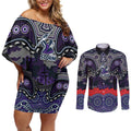 ANZAC Day Melbourne Storm Couples Matching Off Shoulder Short Dress and Long Sleeve Button Shirt Military Memorial Aboriginal Indigenous Art