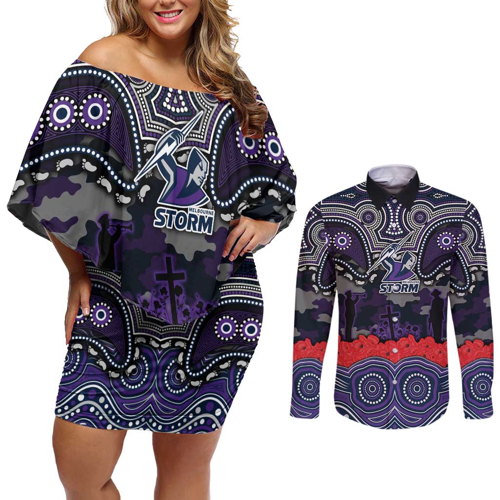 ANZAC Day Melbourne Storm Couples Matching Off Shoulder Short Dress and Long Sleeve Button Shirt Military Memorial Aboriginal Indigenous Art
