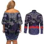 ANZAC Day Melbourne Storm Couples Matching Off Shoulder Short Dress and Long Sleeve Button Shirt Military Memorial Aboriginal Indigenous Art