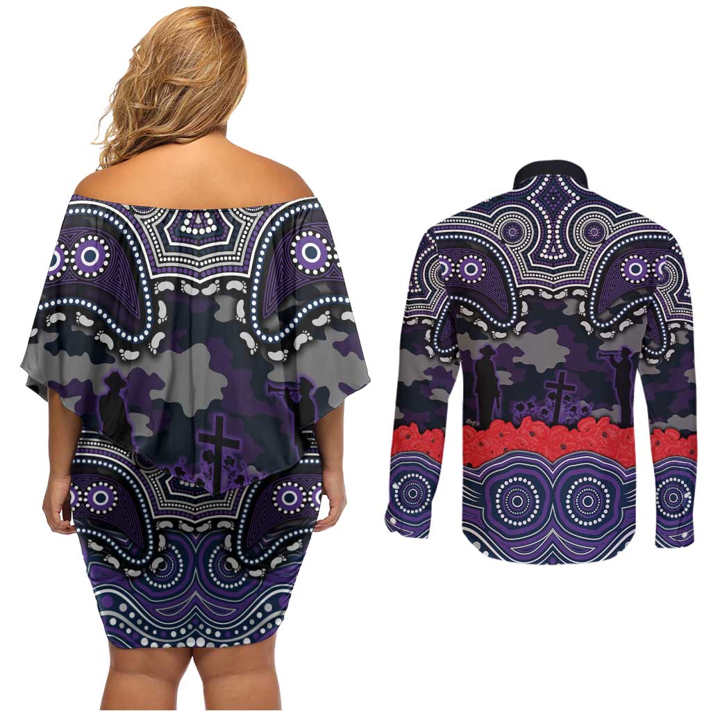 ANZAC Day Melbourne Storm Couples Matching Off Shoulder Short Dress and Long Sleeve Button Shirt Military Memorial Aboriginal Indigenous Art