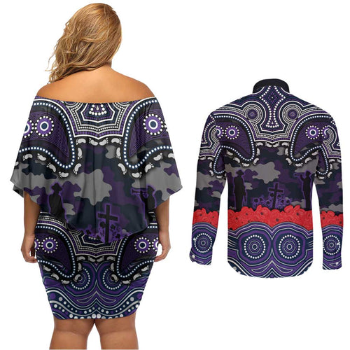 ANZAC Day Melbourne Storm Couples Matching Off Shoulder Short Dress and Long Sleeve Button Shirt Military Memorial Aboriginal Indigenous Art