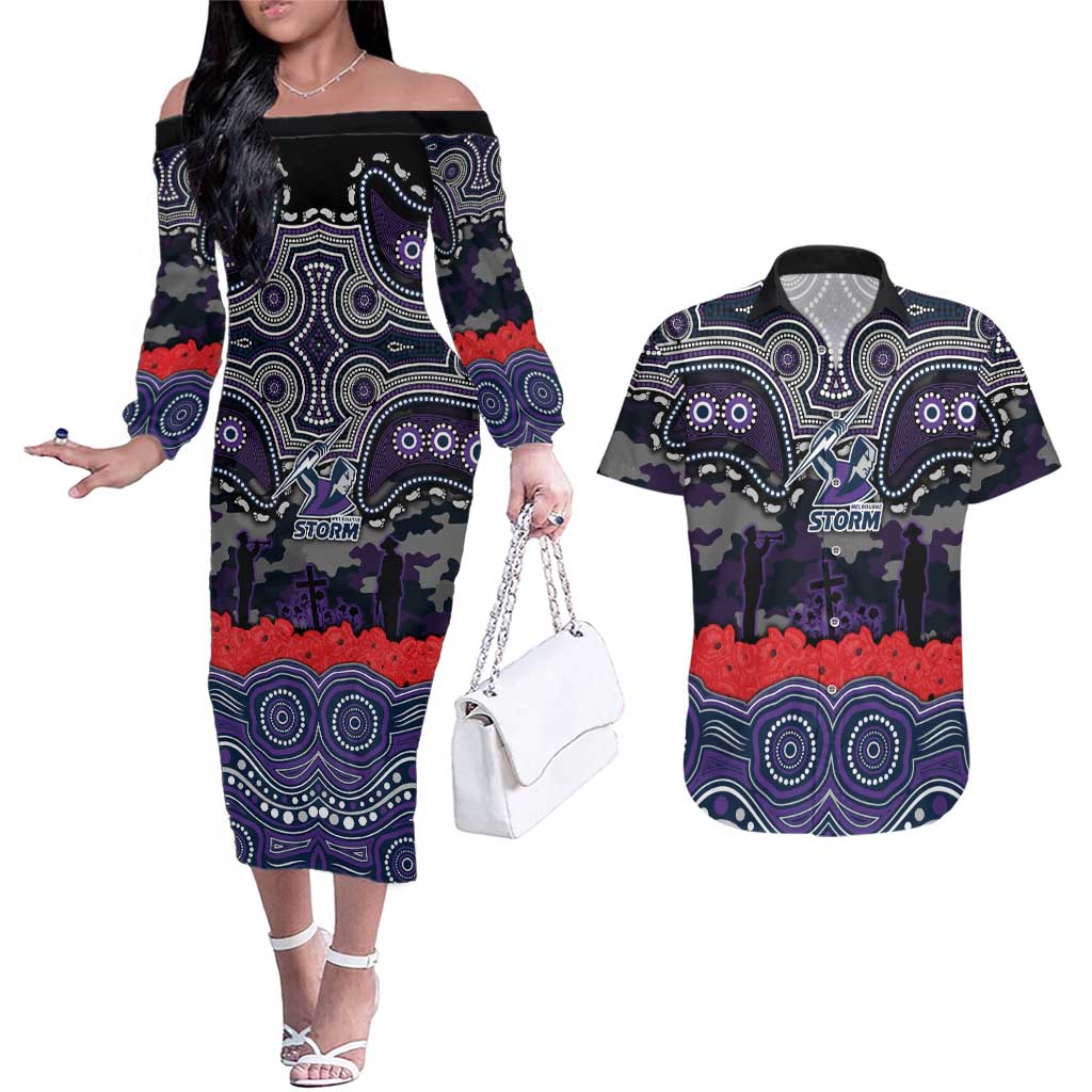 ANZAC Day Melbourne Storm Couples Matching Off The Shoulder Long Sleeve Dress and Hawaiian Shirt Military Memorial Aboriginal Indigenous Art
