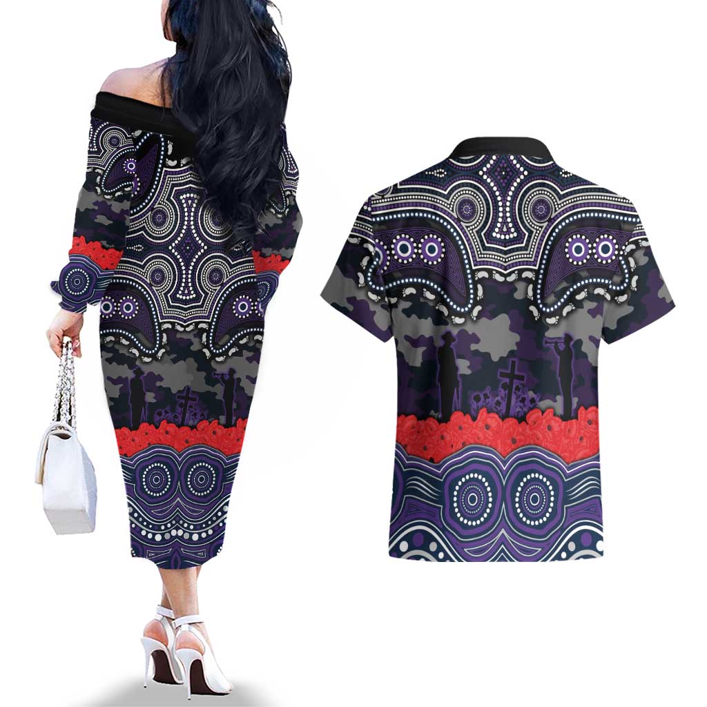 ANZAC Day Melbourne Storm Couples Matching Off The Shoulder Long Sleeve Dress and Hawaiian Shirt Military Memorial Aboriginal Indigenous Art