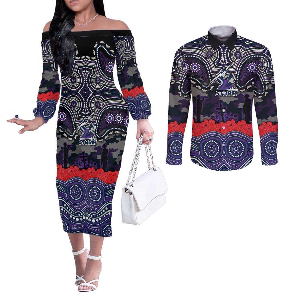 ANZAC Day Melbourne Storm Couples Matching Off The Shoulder Long Sleeve Dress and Long Sleeve Button Shirt Military Memorial Aboriginal Indigenous Art