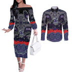 ANZAC Day Melbourne Storm Couples Matching Off The Shoulder Long Sleeve Dress and Long Sleeve Button Shirt Military Memorial Aboriginal Indigenous Art