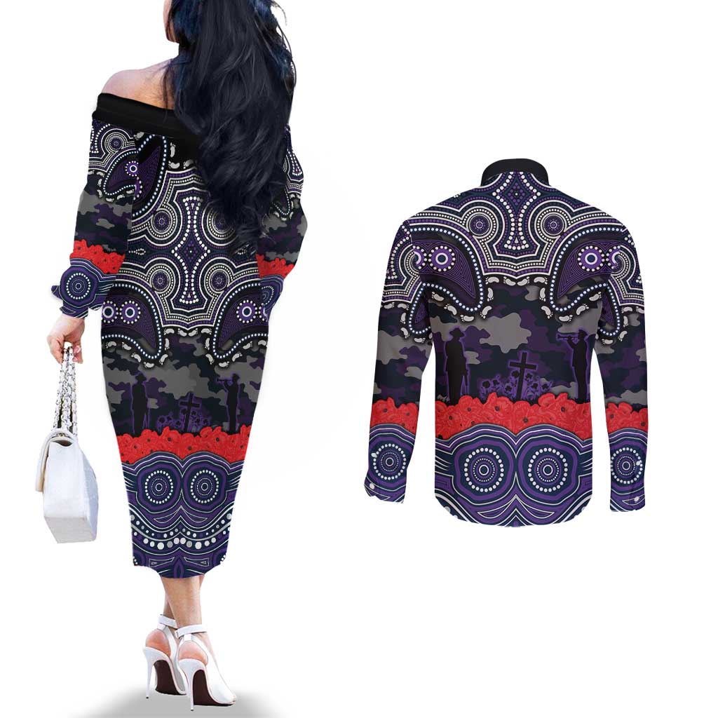 ANZAC Day Melbourne Storm Couples Matching Off The Shoulder Long Sleeve Dress and Long Sleeve Button Shirt Military Memorial Aboriginal Indigenous Art