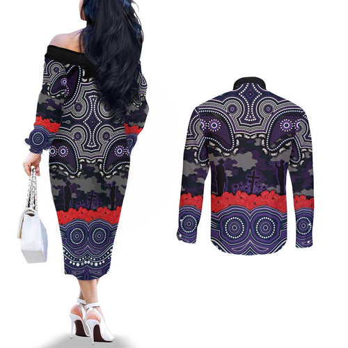 ANZAC Day Melbourne Storm Couples Matching Off The Shoulder Long Sleeve Dress and Long Sleeve Button Shirt Military Memorial Aboriginal Indigenous Art