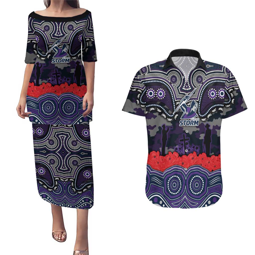 ANZAC Day Melbourne Storm Couples Matching Puletasi and Hawaiian Shirt Military Memorial Aboriginal Indigenous Art