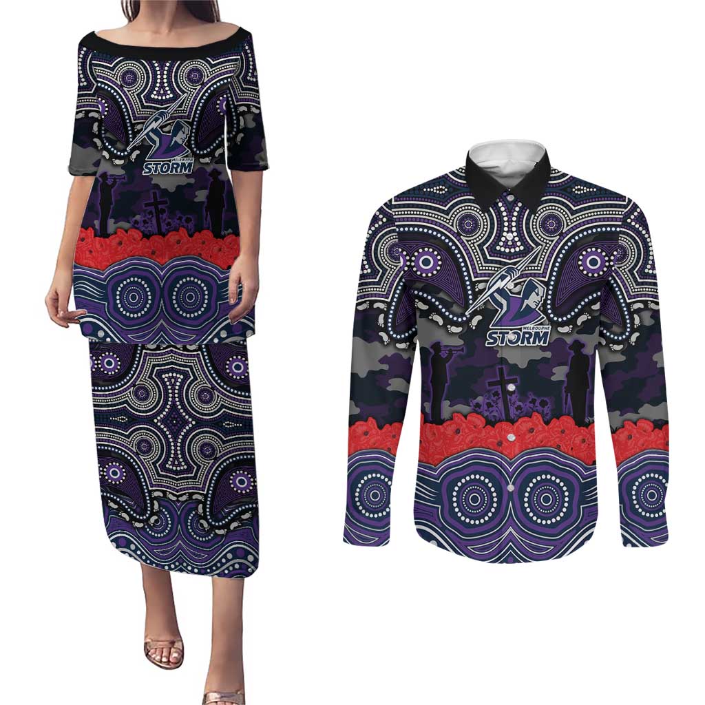 ANZAC Day Melbourne Storm Couples Matching Puletasi and Long Sleeve Button Shirt Military Memorial Aboriginal Indigenous Art