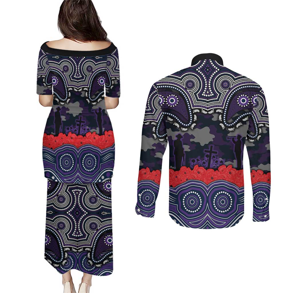 ANZAC Day Melbourne Storm Couples Matching Puletasi and Long Sleeve Button Shirt Military Memorial Aboriginal Indigenous Art