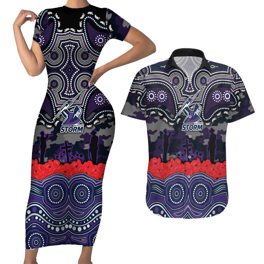 ANZAC Day Melbourne Storm Couples Matching Short Sleeve Bodycon Dress and Hawaiian Shirt Military Memorial Aboriginal Indigenous Art