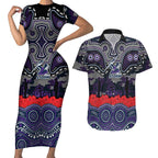 ANZAC Day Melbourne Storm Couples Matching Short Sleeve Bodycon Dress and Hawaiian Shirt Military Memorial Aboriginal Indigenous Art