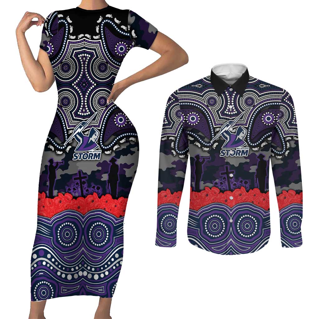 ANZAC Day Melbourne Storm Couples Matching Short Sleeve Bodycon Dress and Long Sleeve Button Shirt Military Memorial Aboriginal Indigenous Art