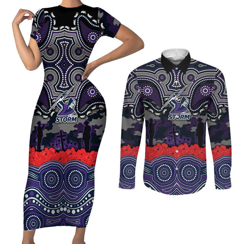 ANZAC Day Melbourne Storm Couples Matching Short Sleeve Bodycon Dress and Long Sleeve Button Shirt Military Memorial Aboriginal Indigenous Art