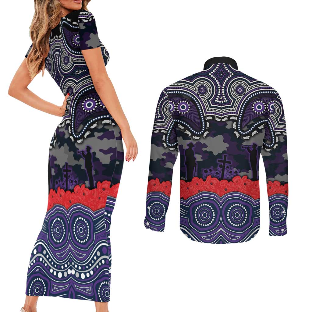 ANZAC Day Melbourne Storm Couples Matching Short Sleeve Bodycon Dress and Long Sleeve Button Shirt Military Memorial Aboriginal Indigenous Art