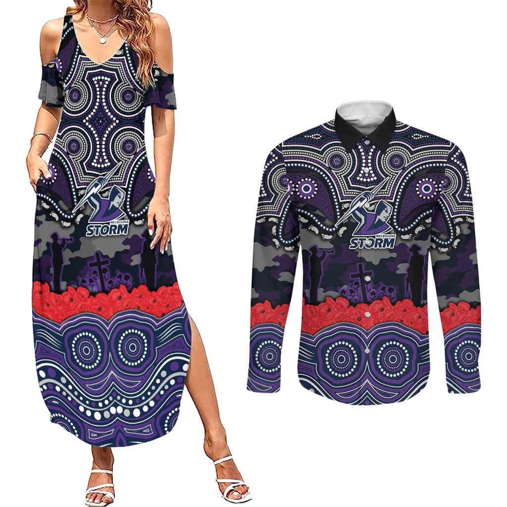 ANZAC Day Melbourne Storm Couples Matching Summer Maxi Dress and Long Sleeve Button Shirt Military Memorial Aboriginal Indigenous Art
