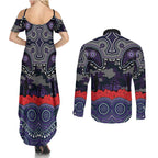 ANZAC Day Melbourne Storm Couples Matching Summer Maxi Dress and Long Sleeve Button Shirt Military Memorial Aboriginal Indigenous Art
