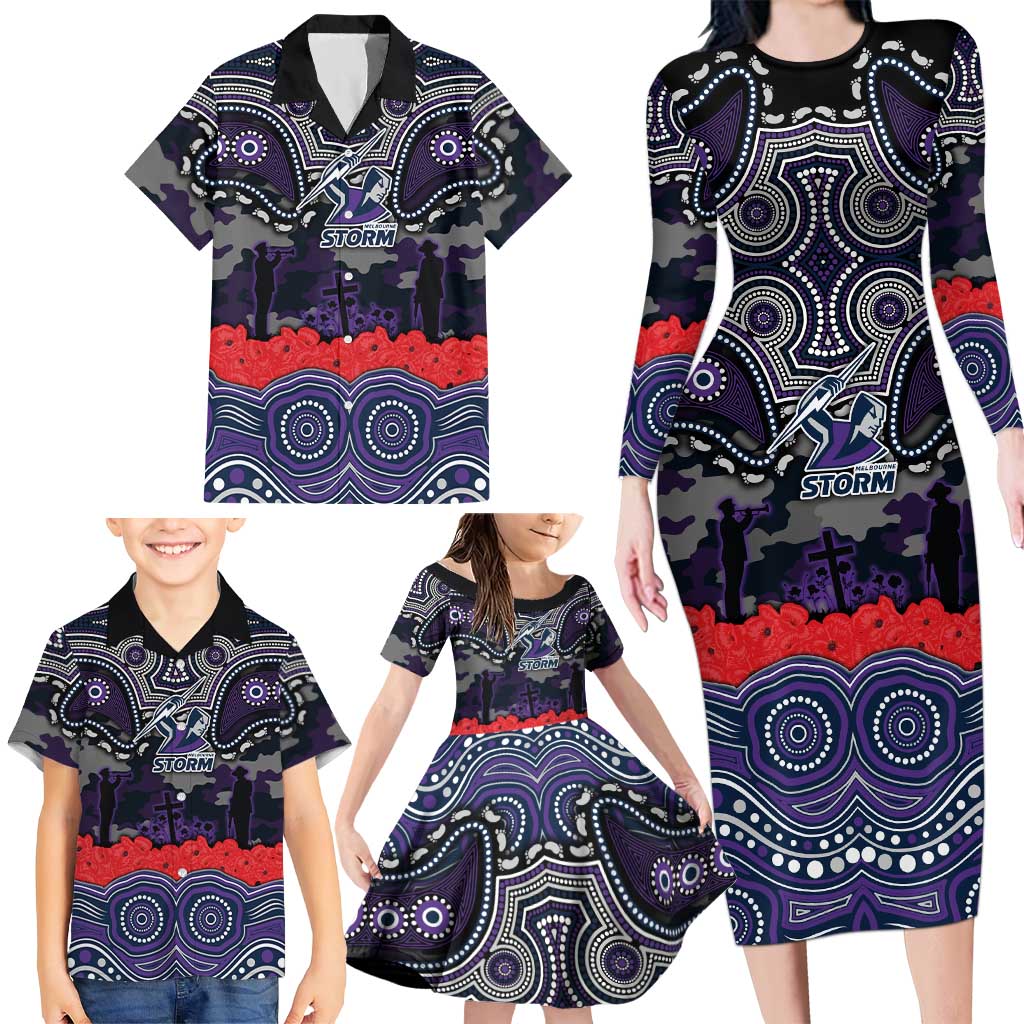 ANZAC Day Melbourne Storm Family Matching Long Sleeve Bodycon Dress and Hawaiian Shirt Military Memorial Aboriginal Indigenous Art
