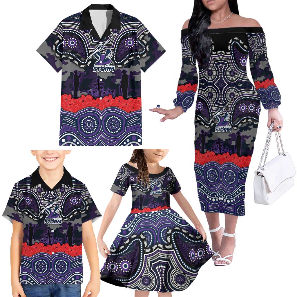 ANZAC Day Melbourne Storm Family Matching Off The Shoulder Long Sleeve Dress and Hawaiian Shirt Military Memorial Aboriginal Indigenous Art