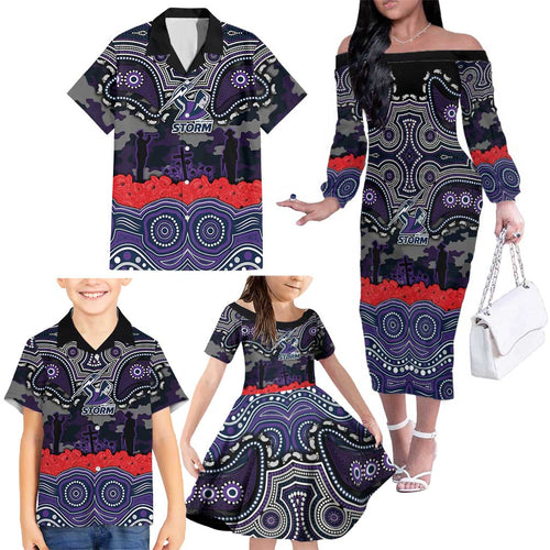 ANZAC Day Melbourne Storm Family Matching Off The Shoulder Long Sleeve Dress and Hawaiian Shirt Military Memorial Aboriginal Indigenous Art