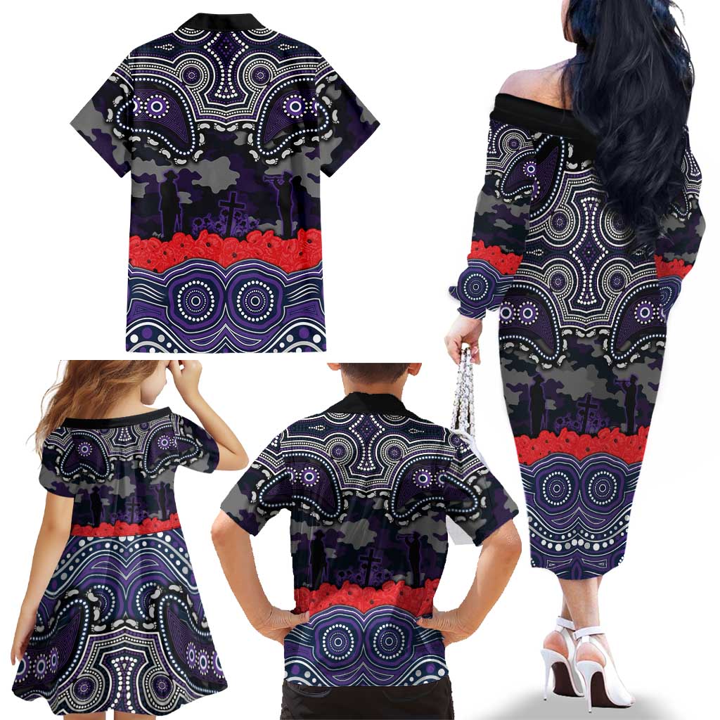 ANZAC Day Melbourne Storm Family Matching Off The Shoulder Long Sleeve Dress and Hawaiian Shirt Military Memorial Aboriginal Indigenous Art