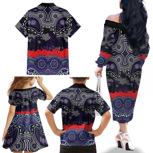 ANZAC Day Melbourne Storm Family Matching Off The Shoulder Long Sleeve Dress and Hawaiian Shirt Military Memorial Aboriginal Indigenous Art