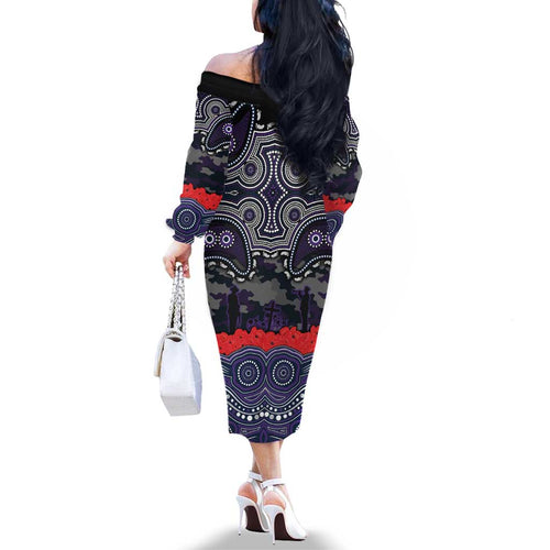 ANZAC Day Melbourne Storm Family Matching Off The Shoulder Long Sleeve Dress and Hawaiian Shirt Military Memorial Aboriginal Indigenous Art