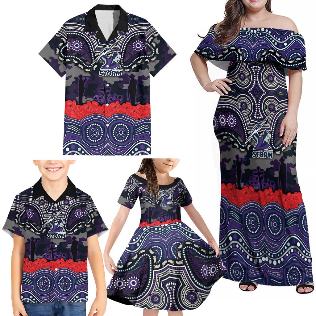 ANZAC Day Melbourne Storm Family Matching Off Shoulder Maxi Dress and Hawaiian Shirt Military Memorial Aboriginal Indigenous Art