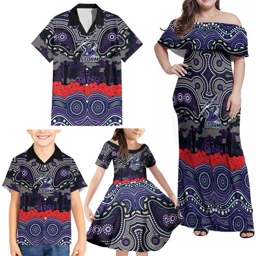 ANZAC Day Melbourne Storm Family Matching Off Shoulder Maxi Dress and Hawaiian Shirt Military Memorial Aboriginal Indigenous Art