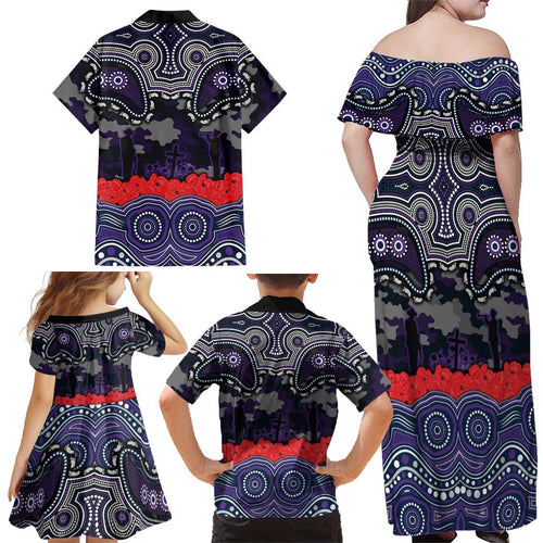 ANZAC Day Melbourne Storm Family Matching Off Shoulder Maxi Dress and Hawaiian Shirt Military Memorial Aboriginal Indigenous Art