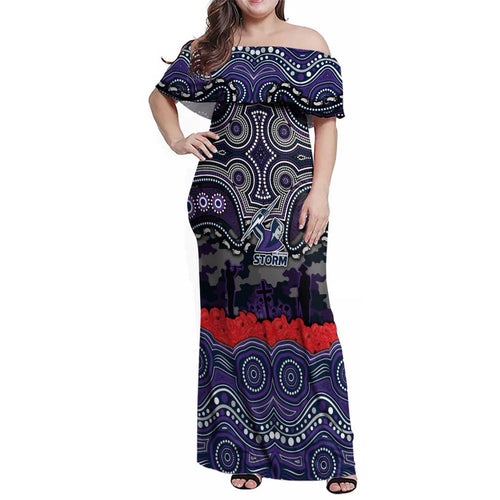 ANZAC Day Melbourne Storm Family Matching Off Shoulder Maxi Dress and Hawaiian Shirt Military Memorial Aboriginal Indigenous Art