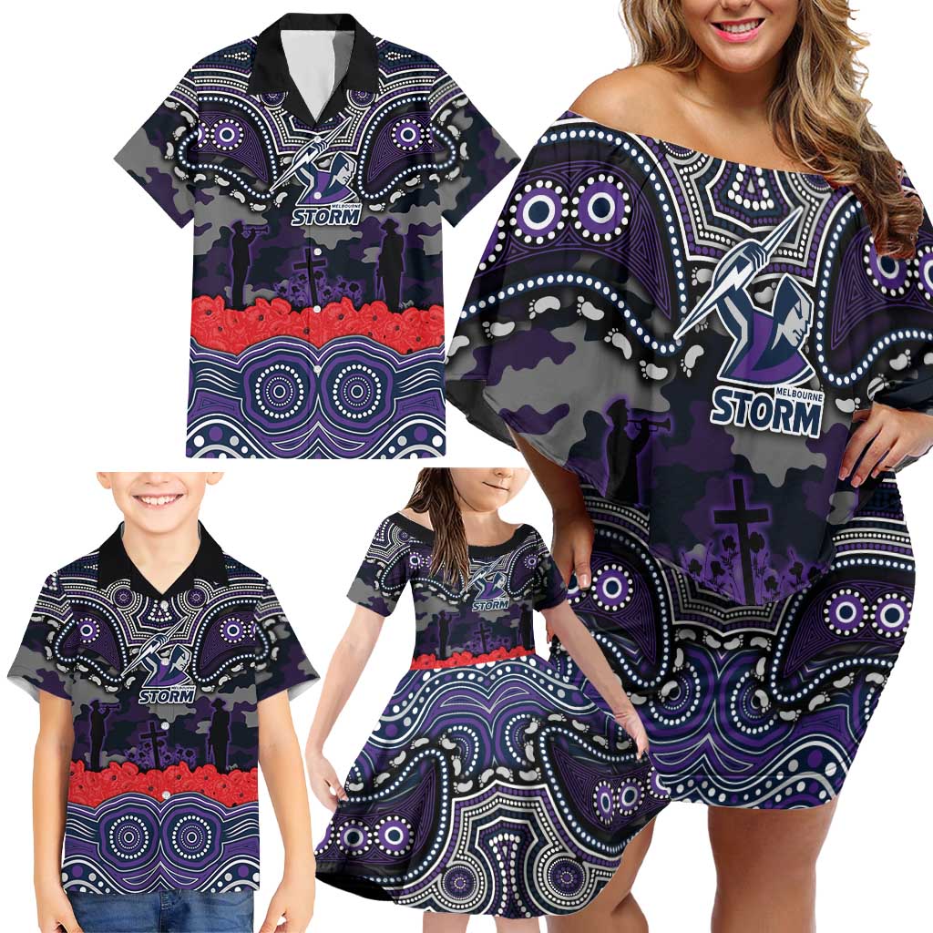 ANZAC Day Melbourne Storm Family Matching Off Shoulder Short Dress and Hawaiian Shirt Military Memorial Aboriginal Indigenous Art
