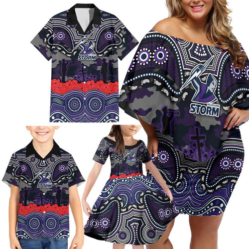 ANZAC Day Melbourne Storm Family Matching Off Shoulder Short Dress and Hawaiian Shirt Military Memorial Aboriginal Indigenous Art