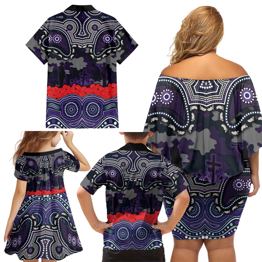 ANZAC Day Melbourne Storm Family Matching Off Shoulder Short Dress and Hawaiian Shirt Military Memorial Aboriginal Indigenous Art