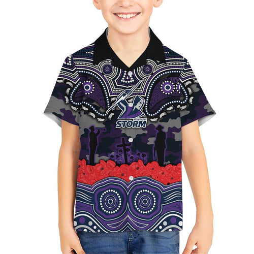 ANZAC Day Melbourne Storm Family Matching Off Shoulder Short Dress and Hawaiian Shirt Military Memorial Aboriginal Indigenous Art