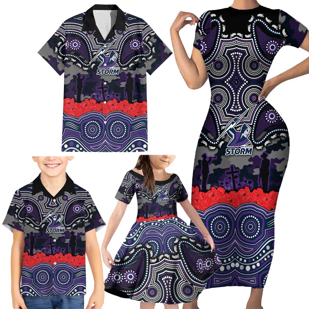 ANZAC Day Melbourne Storm Family Matching Short Sleeve Bodycon Dress and Hawaiian Shirt Military Memorial Aboriginal Indigenous Art