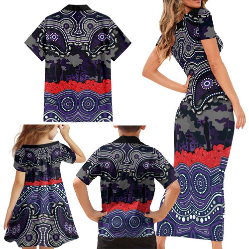 ANZAC Day Melbourne Storm Family Matching Short Sleeve Bodycon Dress and Hawaiian Shirt Military Memorial Aboriginal Indigenous Art