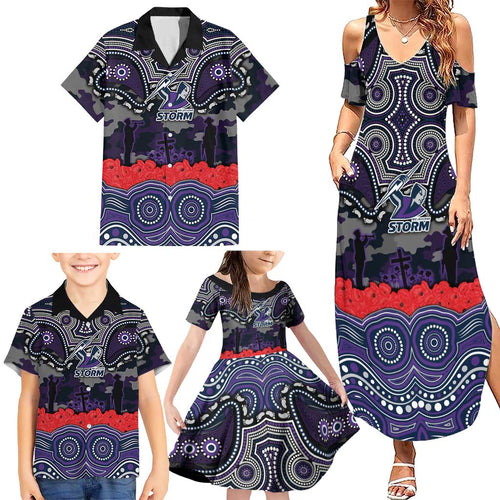 ANZAC Day Melbourne Storm Family Matching Summer Maxi Dress and Hawaiian Shirt Military Memorial Aboriginal Indigenous Art
