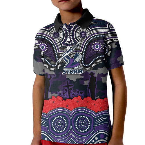 ANZAC Day Melbourne Storm Kid Polo Shirt Military Memorial Aboriginal Indigenous Art