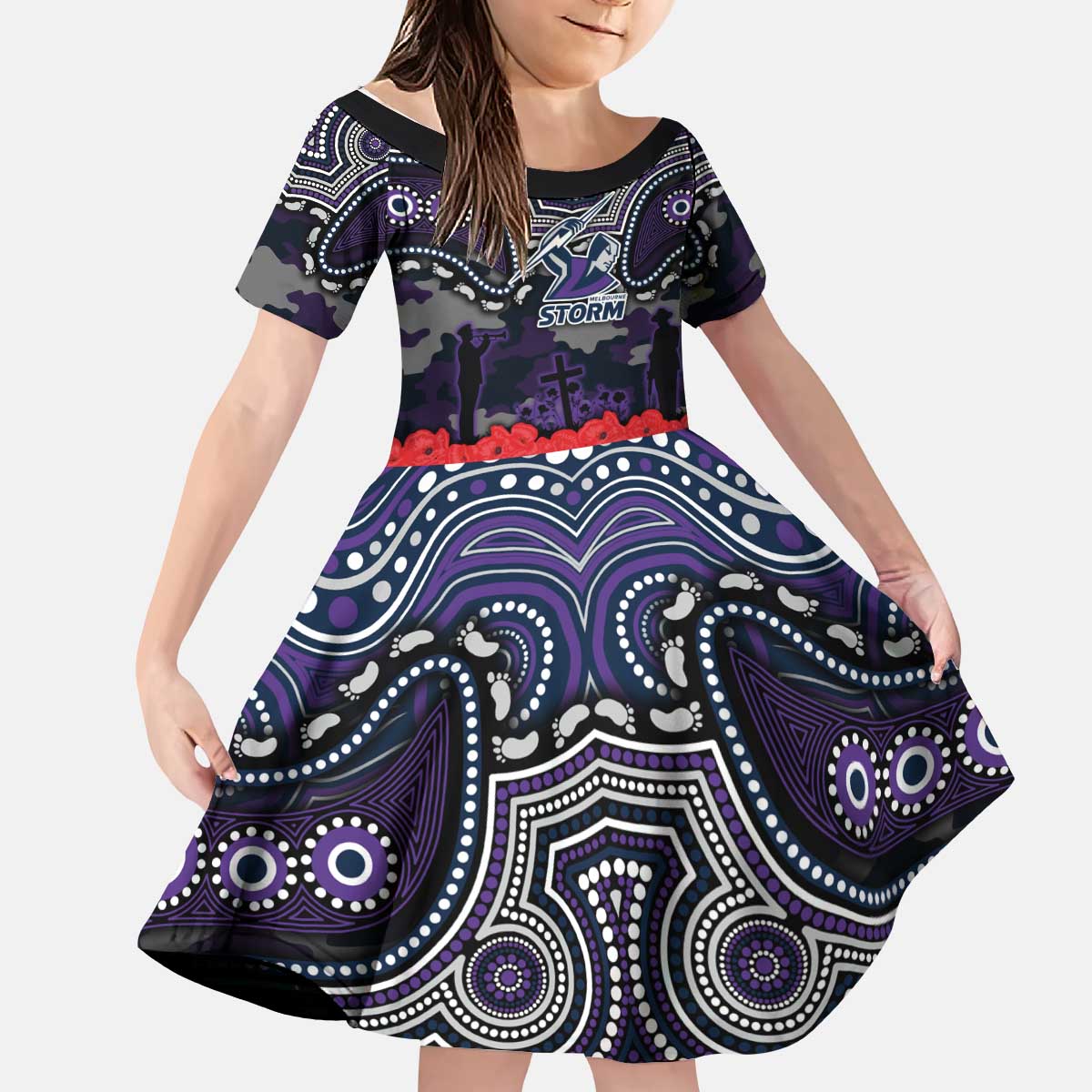 ANZAC Day Melbourne Storm Kid Short Sleeve Dress Military Memorial Aboriginal Indigenous Art